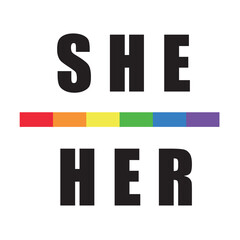 Gender Definition Pronoun: she, her on the colorful Trans flag. Shy Enby’s Guide for Cis Trans People. Vector illustration for banner party poster, sticker, cloth t-shirt, website page advertisement