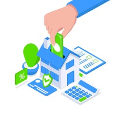 Safe house buying concept. Vector illustration in isometric style on white background.