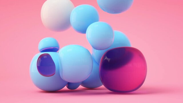 Soft balls falls and bounces, 3d rendering.