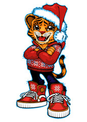 A tiger cub in a sweater and a Santa hat. Drawing for a calendar or for a T-shirt