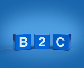 3d rendering, illustration of B2C acronym on block cubes on light blue background, Business to customer marketing and strategy concept