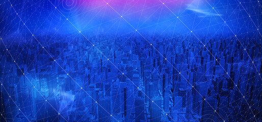 network and Connection technology concept with city background at night. Modern city with network connection and city scape concept. 