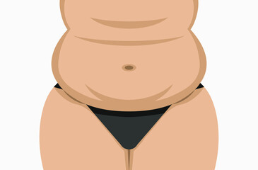 Fat female belly vector illustration. Chubby woman tummy. Plus size lady isolated on white background.