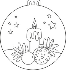 New year theme black and white poster with candle, toy, tree. Coloring book page for adults and kids. Flat vector illustration for gift card, flyer, certificate or banner.