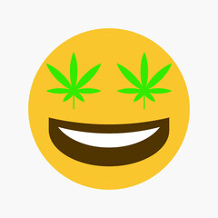 Laughing emoji with weed leaf eyes vector illustration isolated on white background.