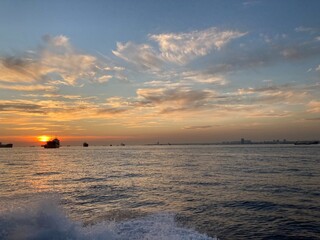 cargo ship in the sunset