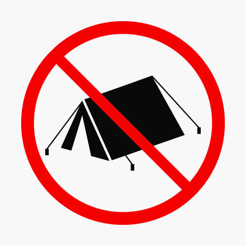 No Camping Sign. Tent Prohibition Vector Icon Isolated On White Background.