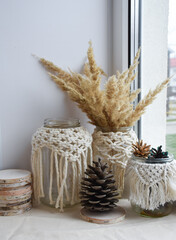 macrame jars on the window cones holiday new year