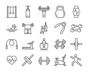 Training equipment icon. Gym and fitness line icons set. Editable Stroke.