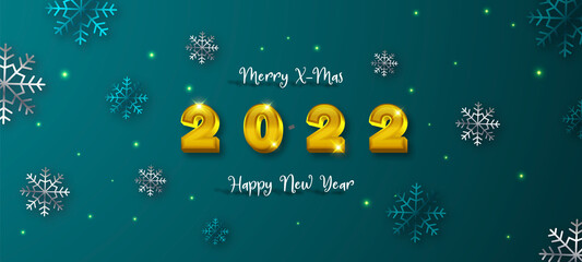 Happy New Year 2022 gold numbers typography greeting card design on dark background. Merry Christmas invitation poster with golden decoration elements.