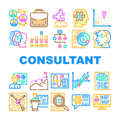 Business Consultant Advicing Icons Set Vector. Consultant Service And Advice, Planning Strategy And Success Goal Achievement, Search Solve Company Problem And Research Report Line. Color Illustrations