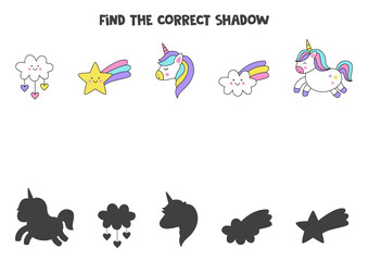 Find the correct shadows of cute unicorn pictures. Logical puzzle for kids.