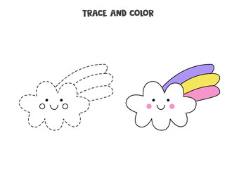 Trace and color cute rainbow cloud. Worksheet for girls.
