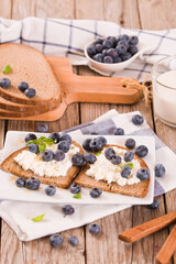 Rye bread with cottage cheese, blueberries and honey.
