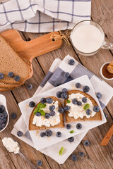 Rye bread with cottage cheese, blueberries and honey.