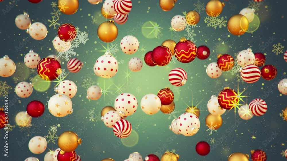 Aufkleber christmas background with shining balls, snowflakes, stars and bokeh. seamless loop 3d render animat