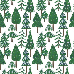 Gouache painting seamless pattern stylish  fir trees. Winter background