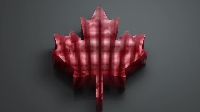 Red Canada Maple Leaf made of pixels. 3D render animation