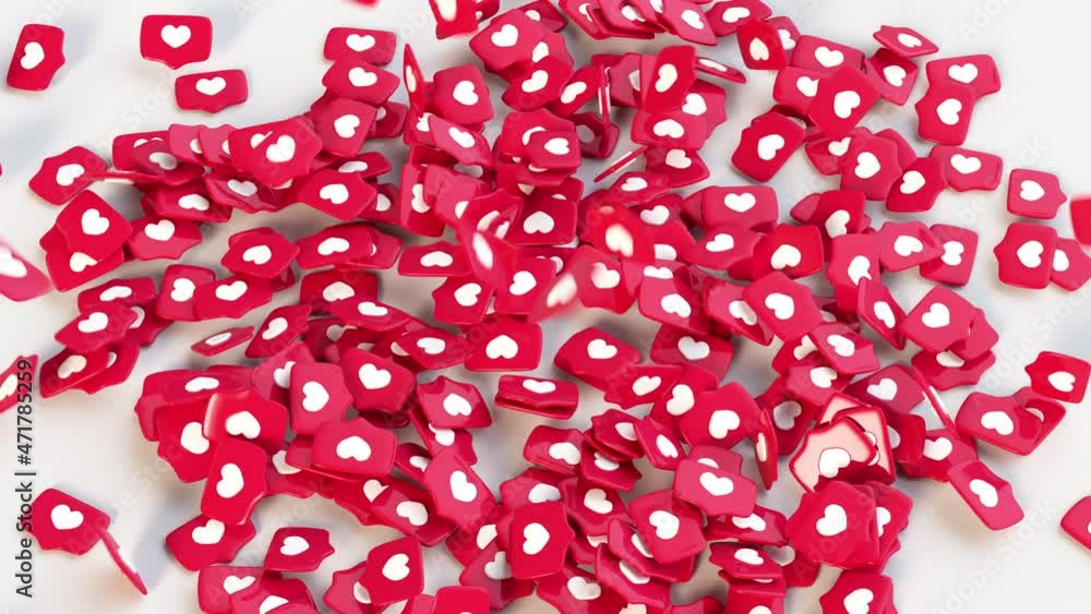 Poster bunch of red social media notifications like icon in slow motion. 3d render animation