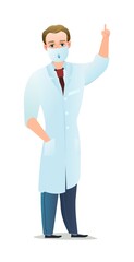 Optimistic doctor in dressing gown and humor mask. Cheerful persons in standing pose. Cartoon comic style flat design. Separate character. Illustration isolated on white background. Vector