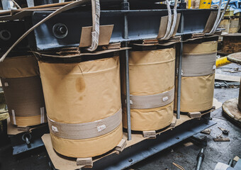 closeup shot of Hv and ,  windings of high voltage distribution transformer with paper insulation.