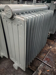 closeup shot of transformer radiators for the circulation of transformer oil to cool.