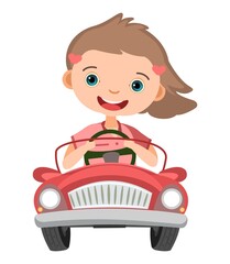 Kid girl drives a car. Red childrens automobile. Toy vehicle. With a motor. Nice passenger auto. Pedal or electric. Isolated on white background. Vector