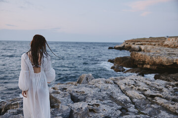 woman traveler white dress standing outdoor freedom