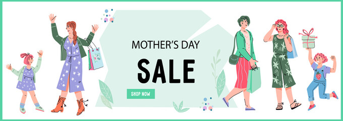 Womens day poster or flyer template, website header or discount offer with women and girls  characters. Mothers and daughters shopping goods in Womens Day. Holiday sale promo, vector illustration.