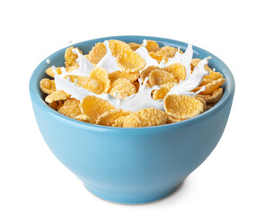 cornflakes with splashing milk in blue bowl