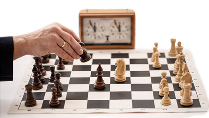 chess board with clock and figures on white background, selective focus