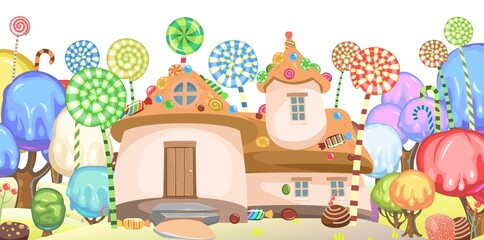 Fototapeta premium Home of the sweet inhabitants. Sweet caramel fairy house. Summer cute landscape. Illustration in cartoon style flat design. Picture for children isolated on white background.. Vector