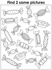 Vector black and white cartoony illustration of finding two same pictures educational game for children with funny candy, coloring book page.