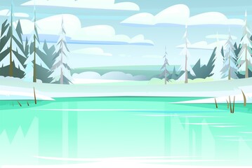Fototapeta na wymiar Pines and spruce trees on shore. Frozen ice covered pond. Winter rural landscape with cold white snow and drifts. Beautiful frosty view of countryside hilly plain. Flat design cartoon style. Vector