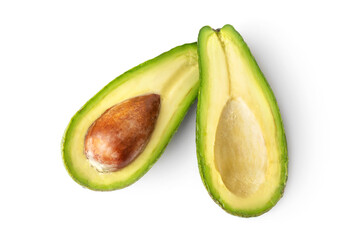 Two halves of avocado on a white background.  Top view.