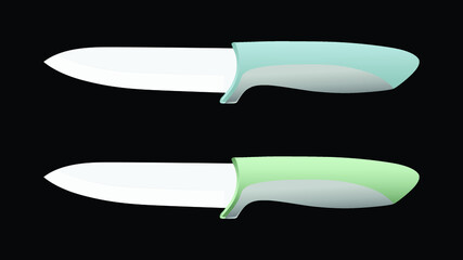 set of two realistic kitchen knives isolated on black, chef knives, Cutlery icon set, colourful knives, Vector illustration