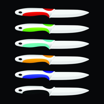set of realistic kitchen knives isolated on black, chef knives, Cutlery icon set, colourful knives, Vector illustration