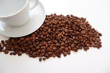 Coffee beans, White Cup and saucer on white background. coffee, Cafe, shop design elements. 