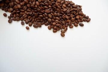 Coffee beans, White Cup and saucer on white background. coffee, Cafe, shop design elements. 