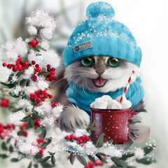 A cat in winter clothes drinking cocoa near a branch of mountain ash - 471788217