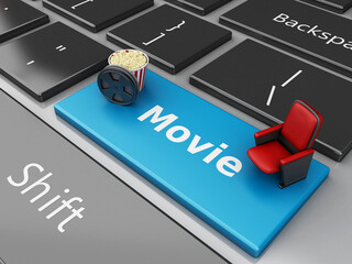 Fototapeta premium 3d Popcorn and film reel on computer keyboard.