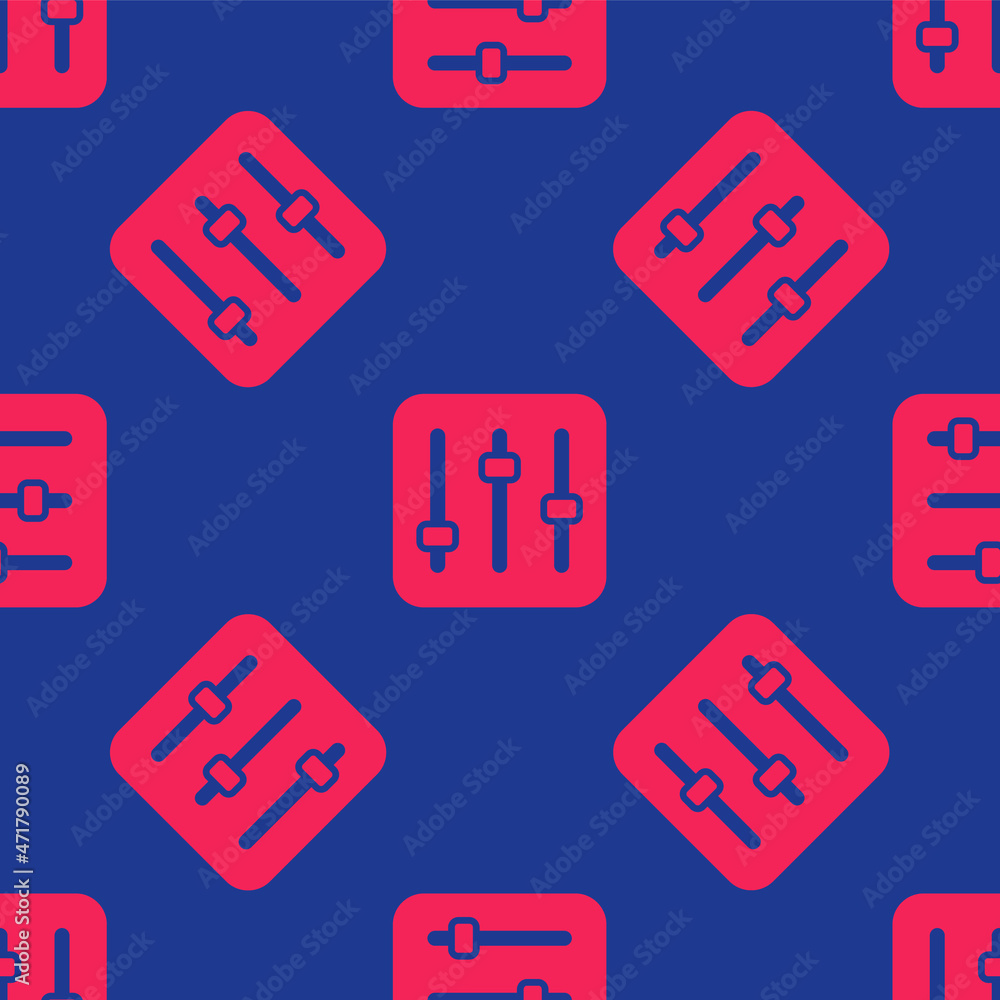 Poster red sound mixer controller icon isolated seamless pattern on blue background. dj equipment slider bu