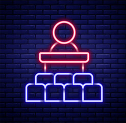 Glowing neon line Speaker icon isolated on brick wall background. Orator speaking from tribune. Public speech. Person on podium. Colorful outline concept. Vector