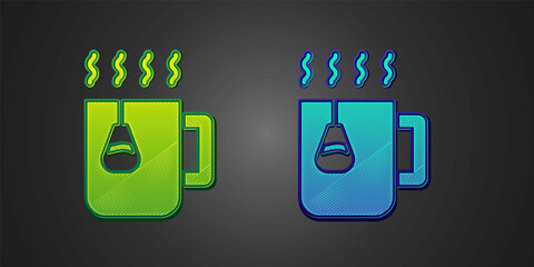 Green and blue Cup of tea with tea bag icon isolated on black background. Vector