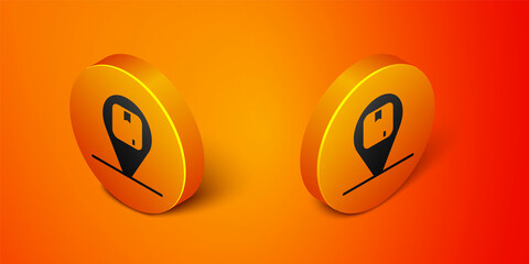 Isometric Location with cardboard box icon isolated on orange background. Delivery services, logistic and transportation, distribution. Orange circle button. Vector