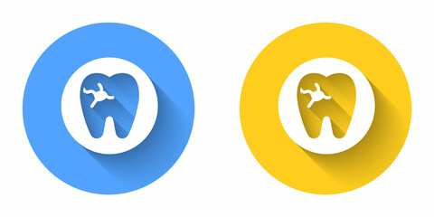 White Tooth with caries icon isolated with long shadow background. Tooth decay. Circle button. Vector