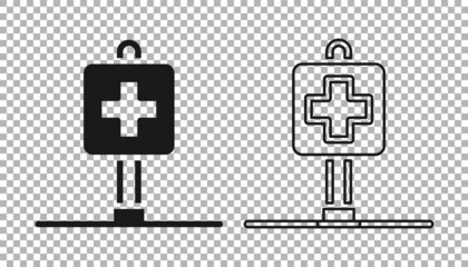 Obraz premium Black Medical map pointer with cross hospital icon isolated on transparent background. Vector