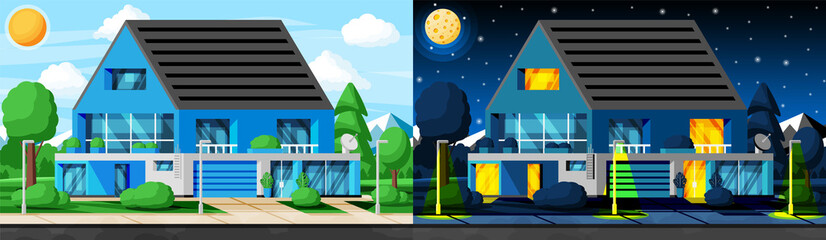 Landscape with Residential Cottage or Countryside Building Exterior. Day and Night Cycle. Facade with Trees and Garden at Front Yard. Modern Suburban House. Cartoon Flat Vector Illustration