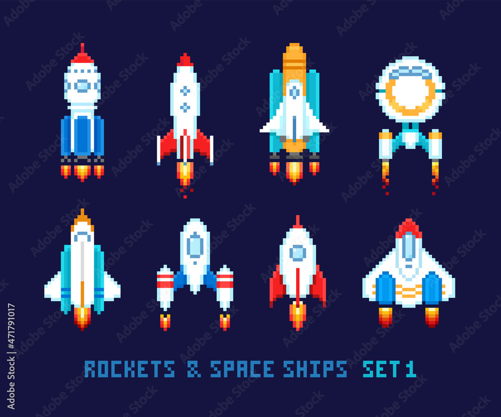 Poster pixel art rockets and spaceships launch - isolated vector icon set. cartoon spaceship shuttle design