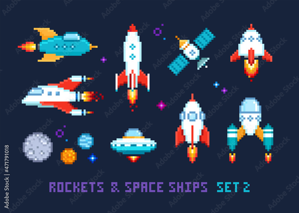 Poster pixel art rockets and spaceships with space objects isolated vector icon set. cartoon spaceship shut